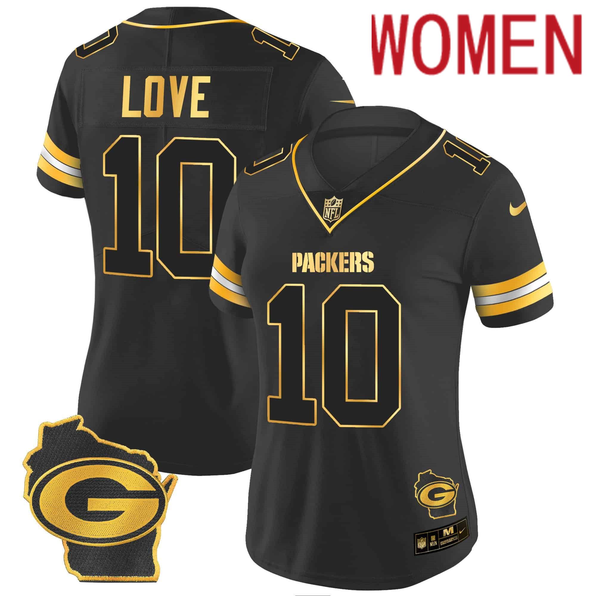 Women Green Bay Packers 10 Love Black Gold 2024 Nike Home Patch Vapor NFL Jersey style 2